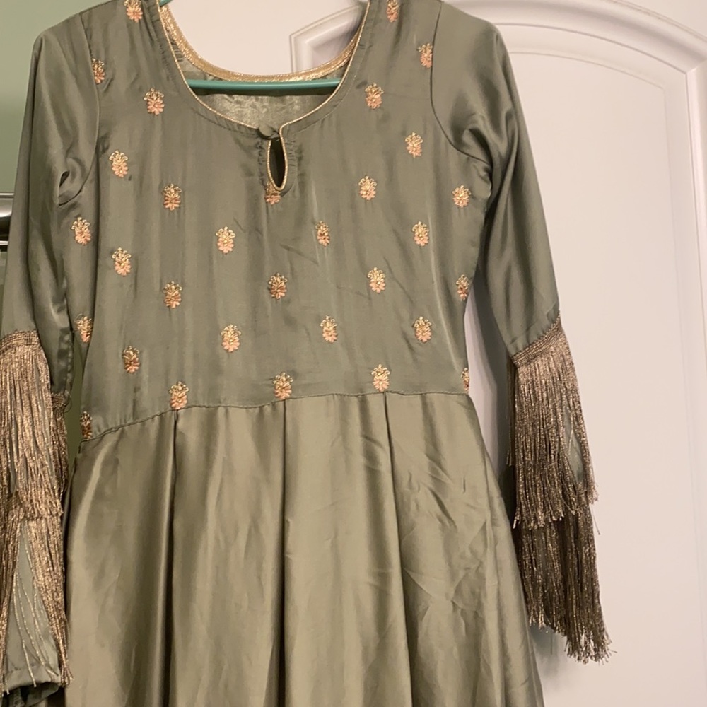 Pakistani/Indian Pastel Sage Green Anarkali 4 piece Long Maxi Dress